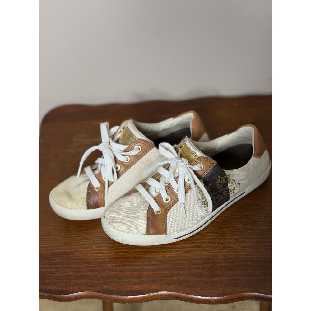 Coach White Canvas and Brown Leather Accent Sneakers - Picture 5 of 12